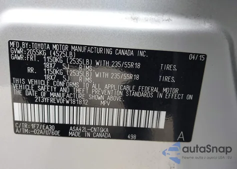 2015 Toyota Rav4 Limited from USA, damaged, VIN 2T3YFREV0FW181812